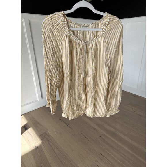 Max Studio Womens Tan and White Striped Loose Fit Keyhole Peasant Blouse Large - Picture 3 of 13